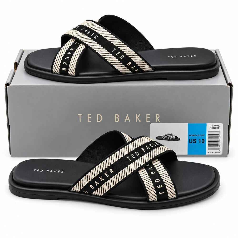Ted Baker Womens Slide Sandals Size 10 Black Ivory Criss Cross Logo Flat Shoes